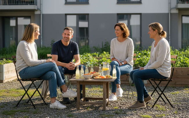 Drei Frauen und ein Mann, jeweils um die 40 Jahre, sitzen gesellig in einem Innenhof.