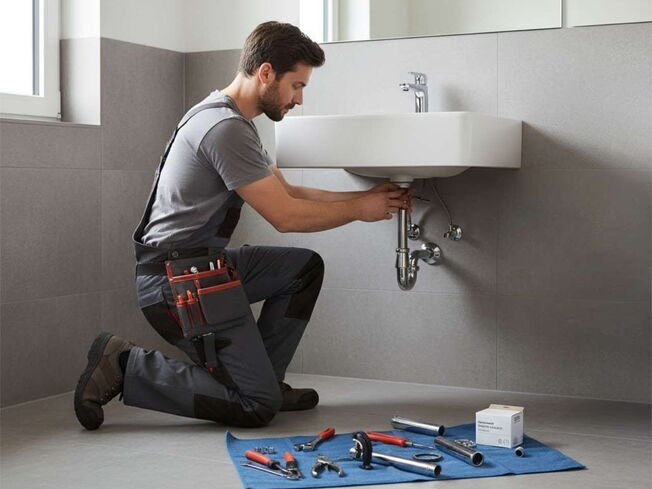 Ein Handwerker montiert einen Siphon an einem Waschtisch in einem Badezimmer.